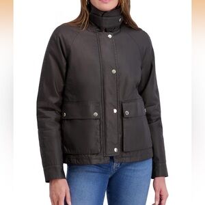 kensie Women's Outerwear Waxed Cotton Barn military collar winter coat Jacket L
